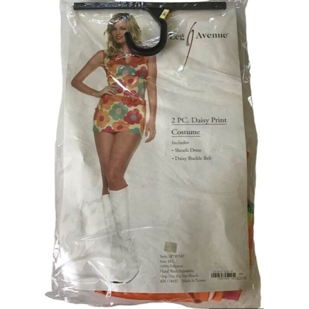 Halloween Costume Flower Power Daisy Print Hippie 60s Dress M/L Leg Avenue Lady